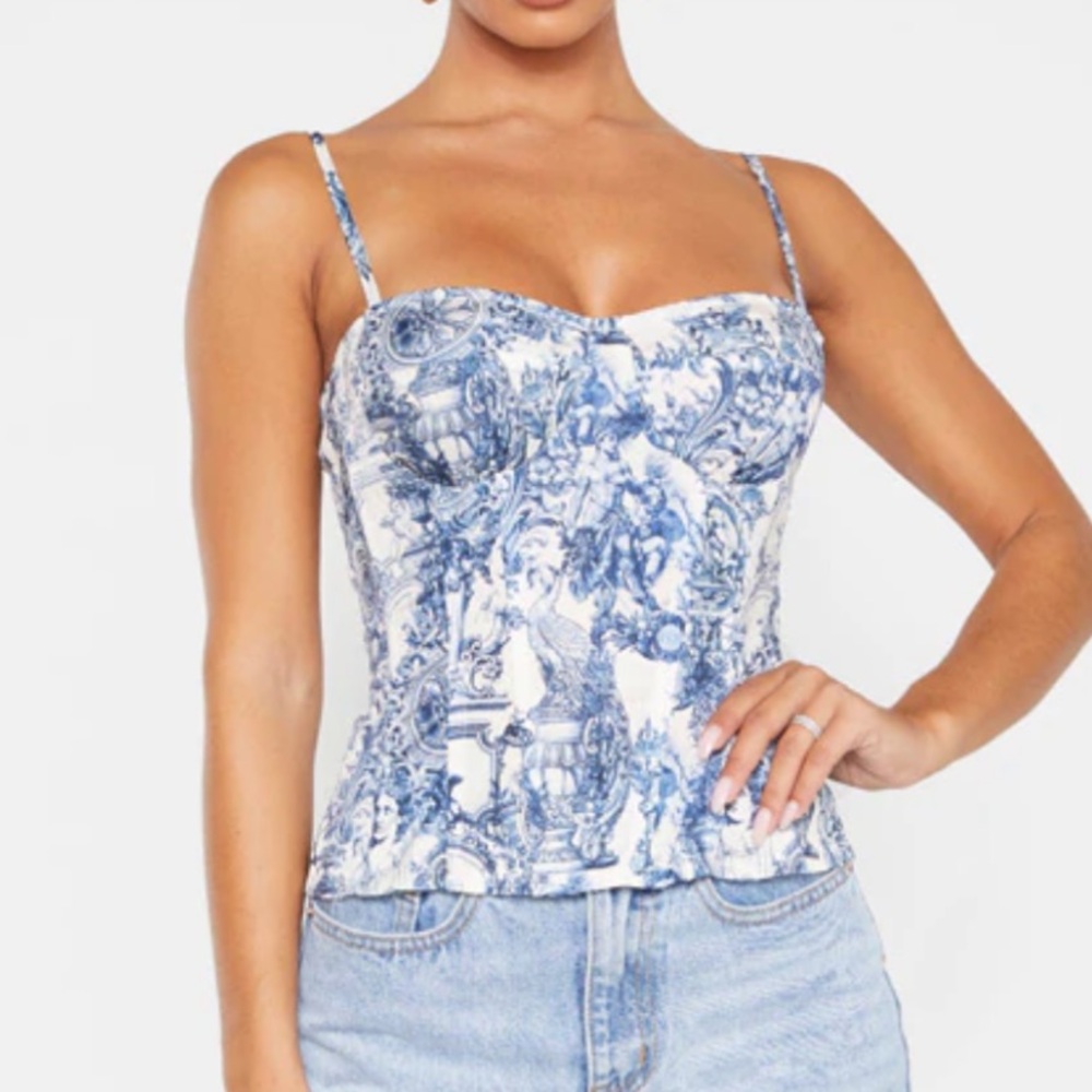 PrettyLittleThing Blue Renaissance Print Structured Corset Top (Size 4)
